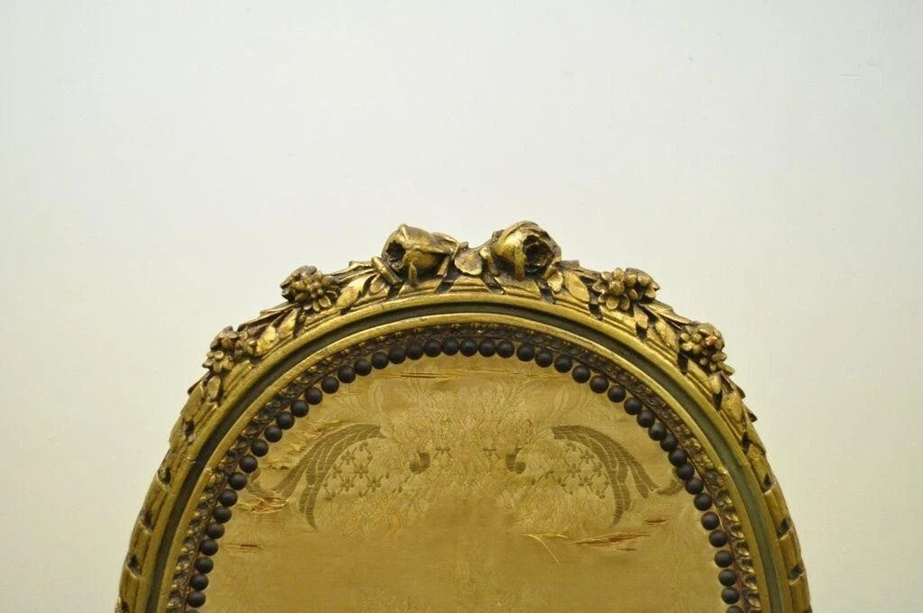 Antique French Louis XVI XV Carved Giltwood Green & Gold Oval Fireplace Screen