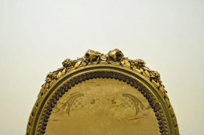 Antique French Louis XVI XV Carved Giltwood Green & Gold Oval Fireplace Screen