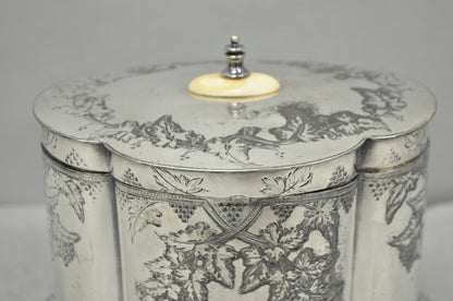 Antique Victorian Silver Plated Etched Footed Hinged Biscuit Barrel Jar on Stand