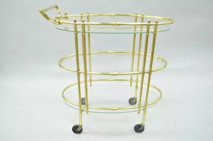 Mid Century Italian Modern Polished Brass & Glass Three Tier Oval Bar Tea Cart