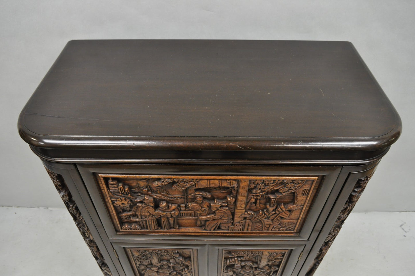 Vintage J L George Zee Chinese Figural Carved Teak Wood Flip Top Dry Bar Cabinet