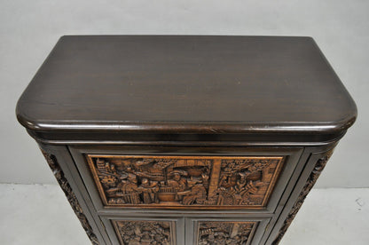 Vintage J L George Zee Chinese Figural Carved Teak Wood Flip Top Dry Bar Cabinet