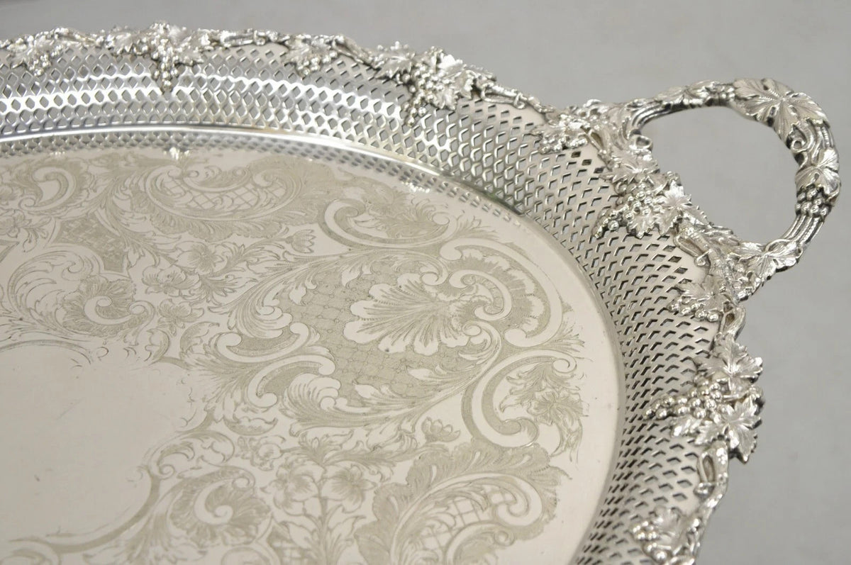 Antique Barker Ellis Victorian Silver Plated Grapevine Repousse Bar Serving Tray