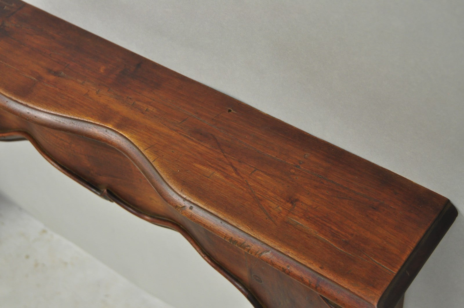 Antique Italian Provincial Carved Serpentine Scalloped Walnut Fireplace Mantel