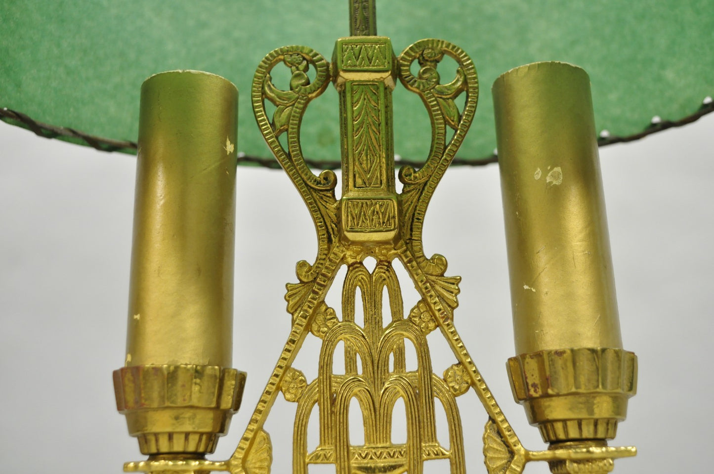 Antique Art Deco Art Nouveau Gold Gilt Metal Student Desk Lamp w/ Green Shade