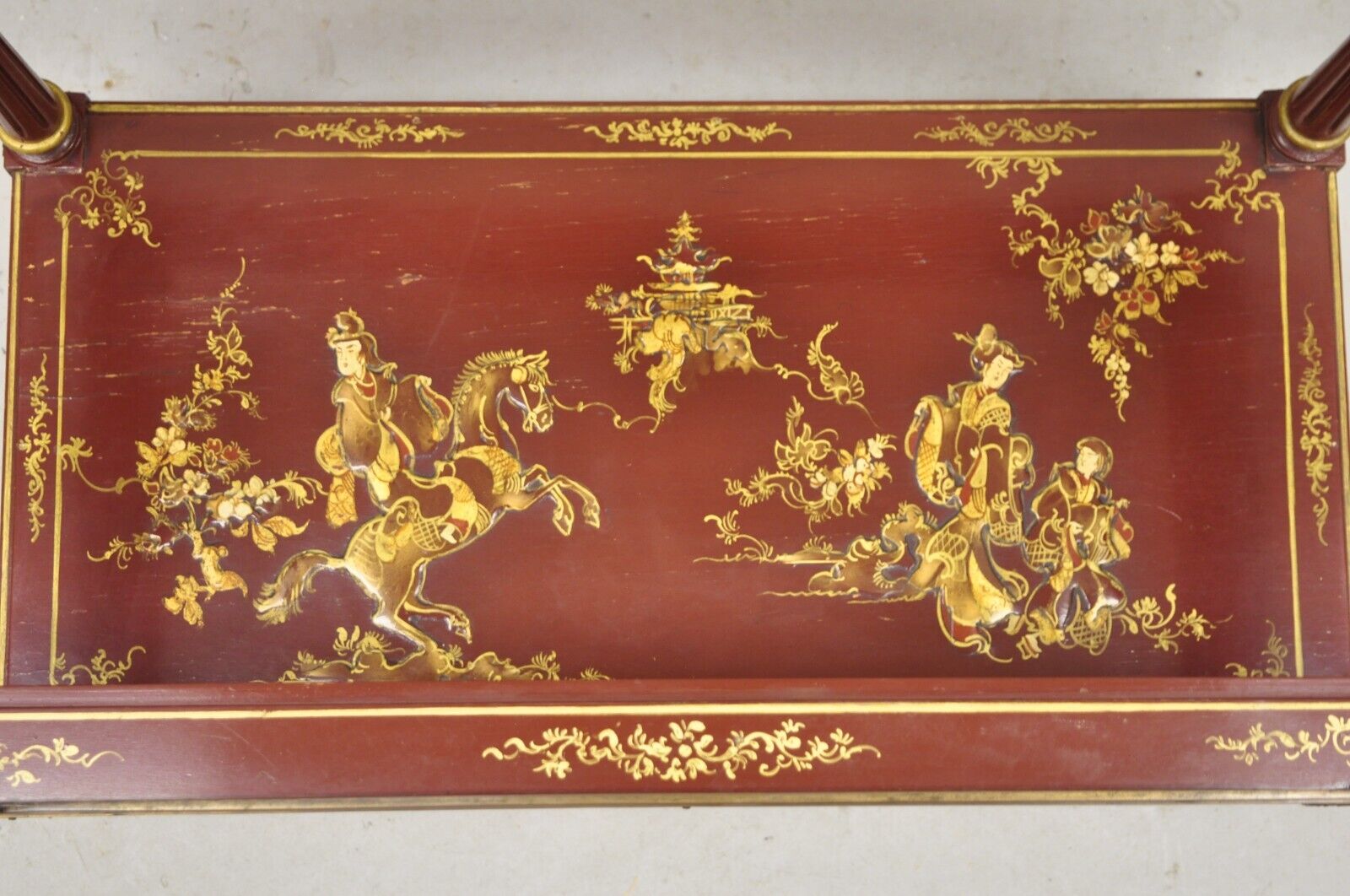Chinoiserie Red Lacquer Gilt Painted Oriental Asian Glass Top Coffee Table