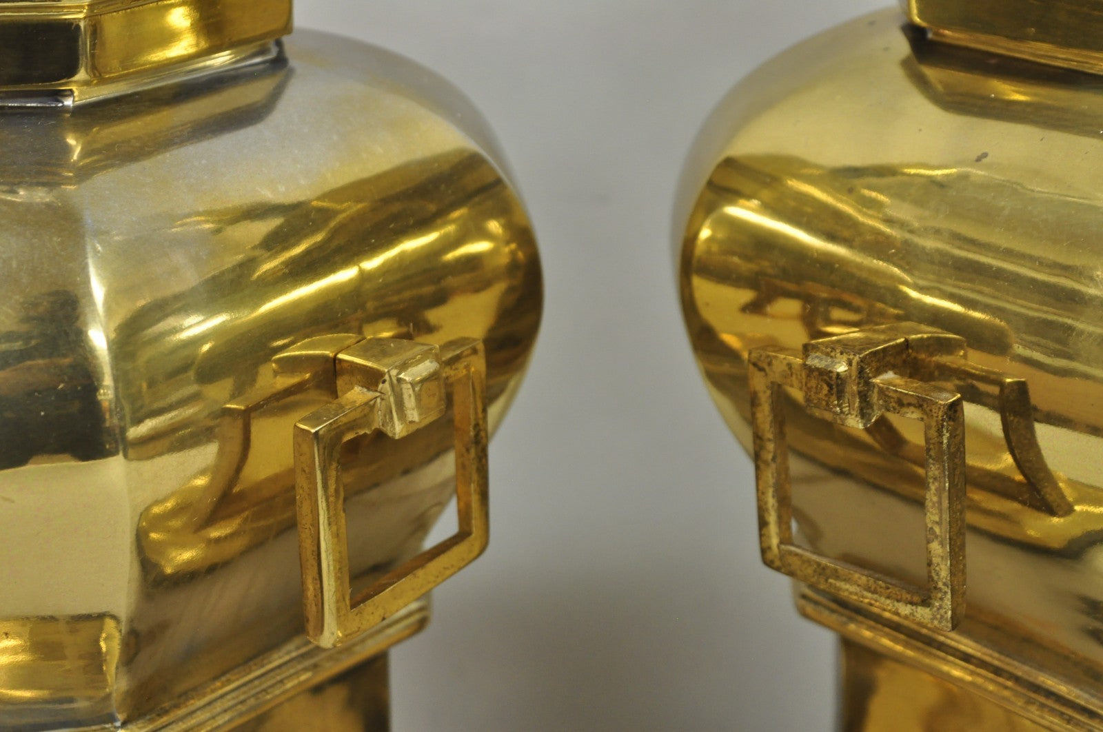 Vintage Chinoiserie Chinese Ginger Jar Brass Plated Metal Table Lamps - a Pair