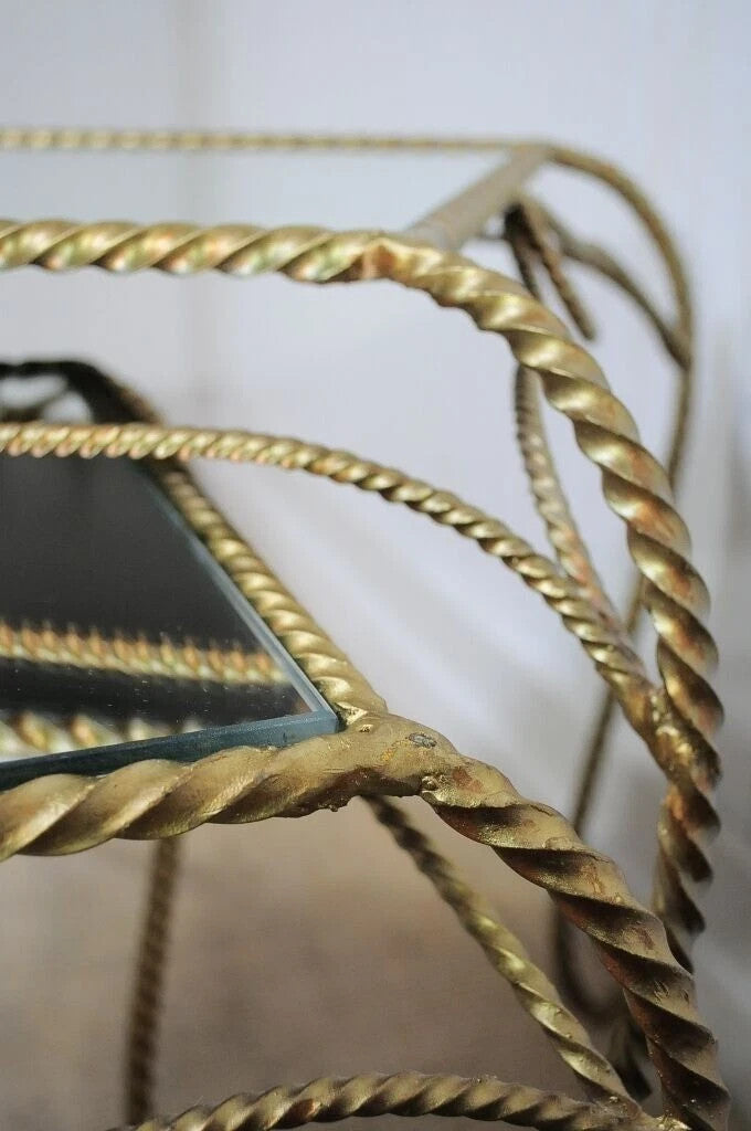 Vintage Italian Hollywood Regency Gold Rope Mirror Top 3 Pc Nesting Side Tables