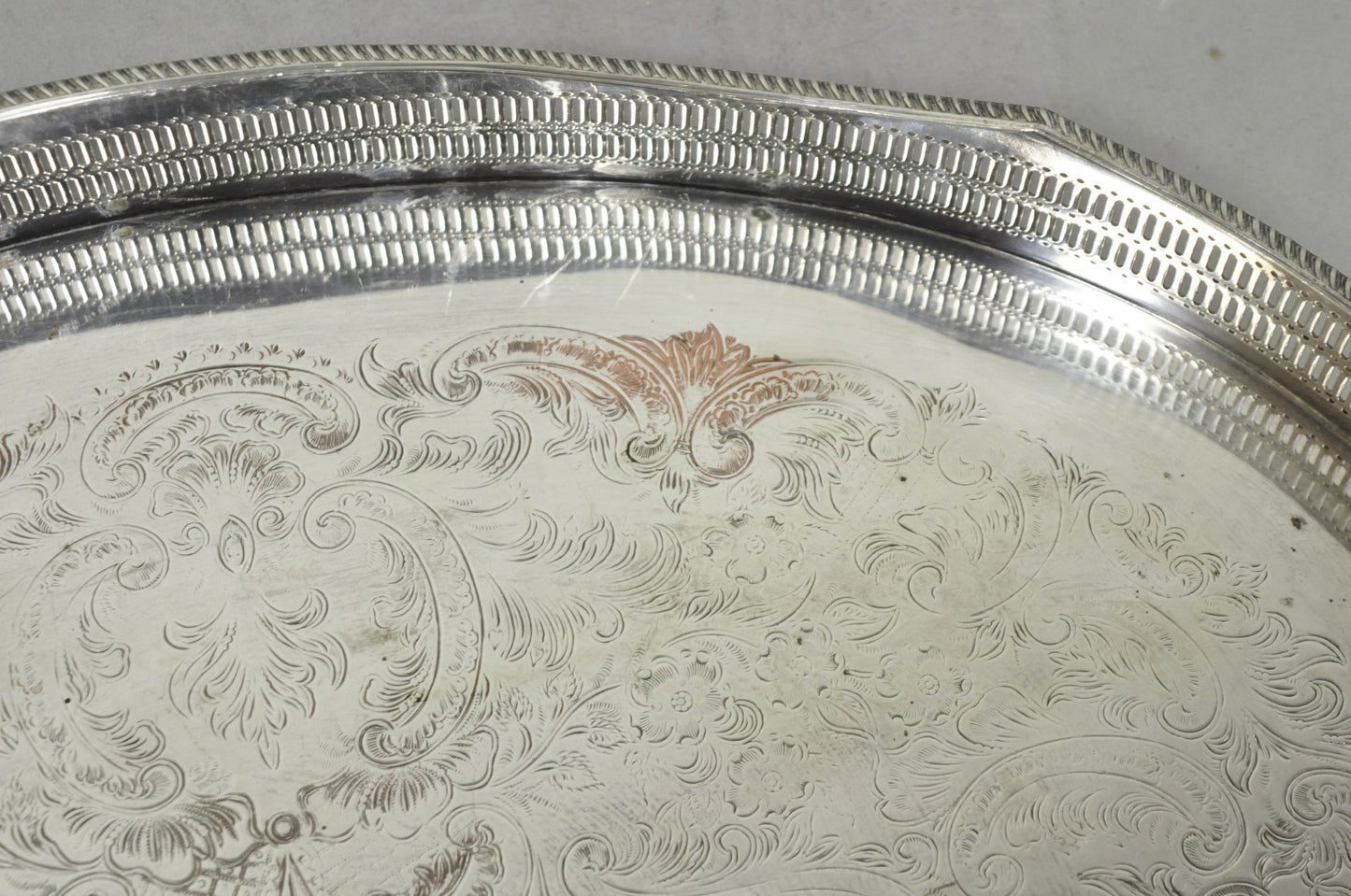 Vintage English Edwardian Silver Plated Oval Scalloped Gallery Bar Platter Tray