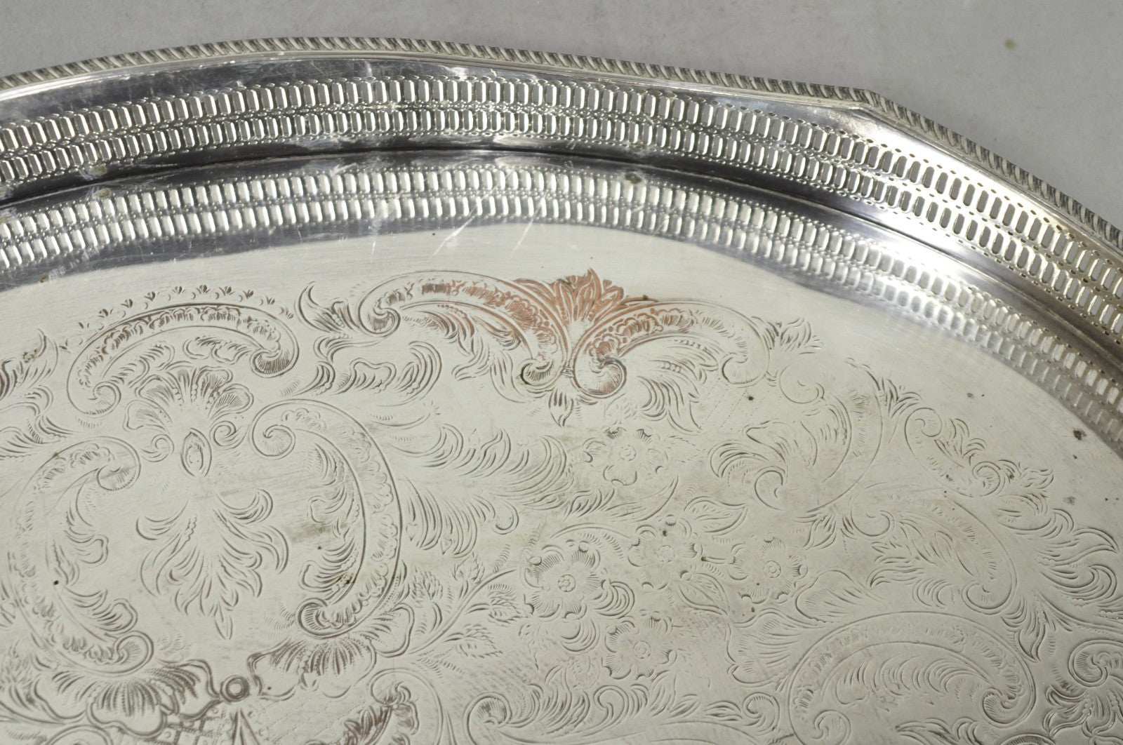Vintage English Edwardian Silver Plated Oval Scalloped Gallery Bar Platter Tray