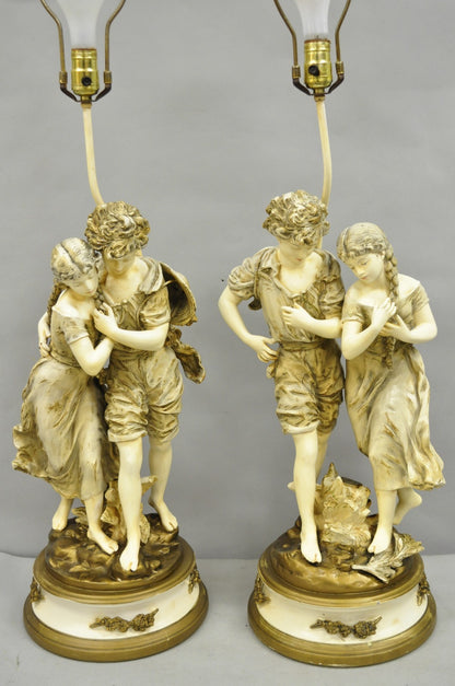 Antique L&F Moreau French Renaissance Large Figural Boy and Girl Table Lamp Pair