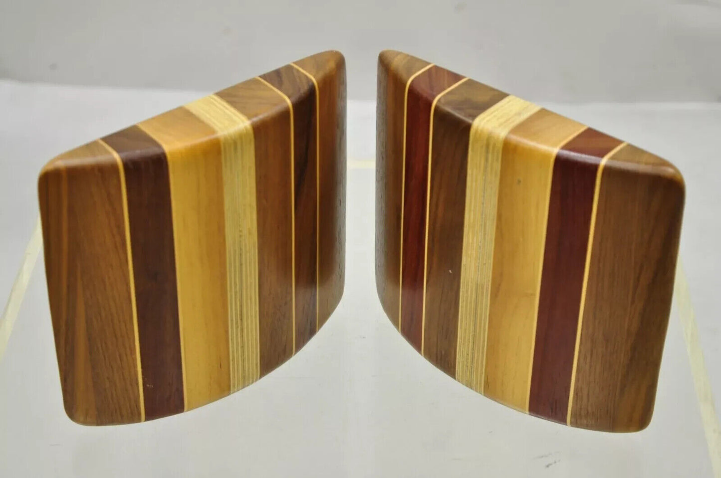 Vintage Mid Century Modern Solid Wood & Inlay Curved Modernist Bookends - a Pair