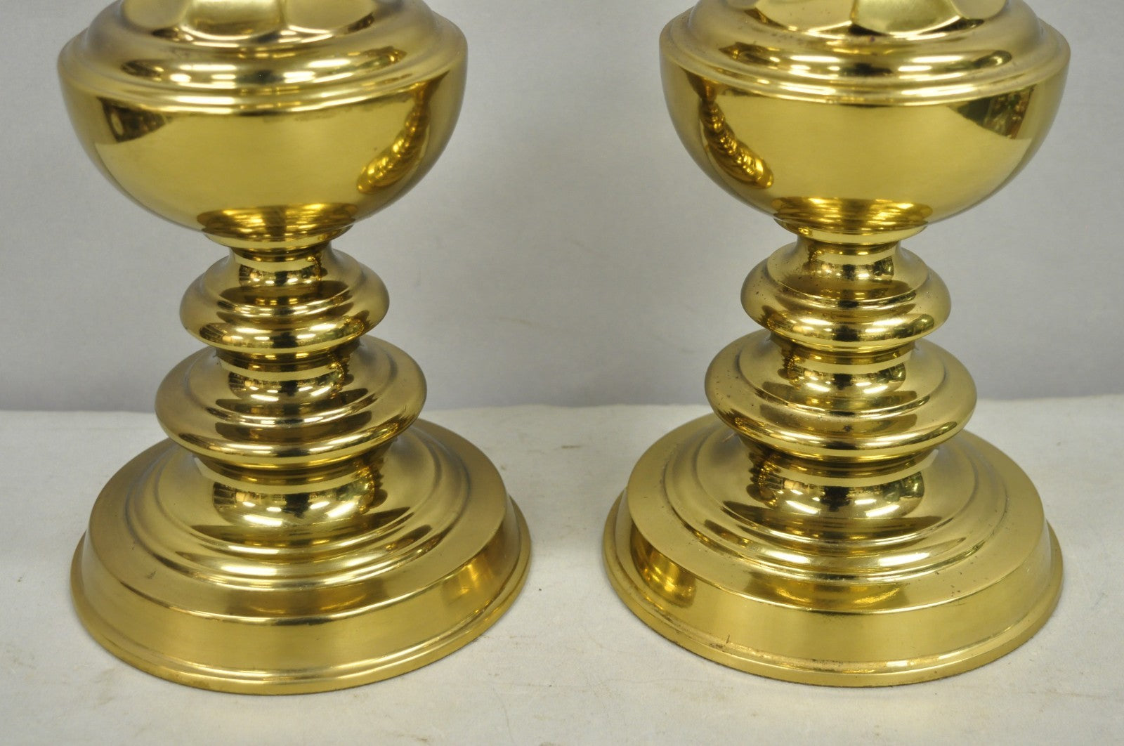 Vintage Hollywood Regency Brass Column Stiffel Style Gold Table Lamps - a Pair