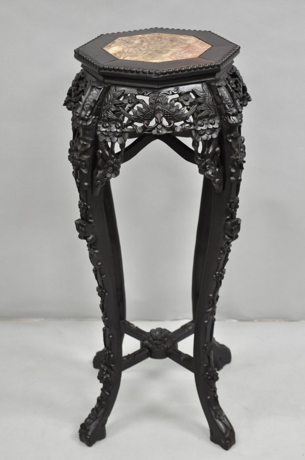 Antique Chinoiserie Chinese Carved Hardwood Marble Top 36" Pedestal Plant Stand