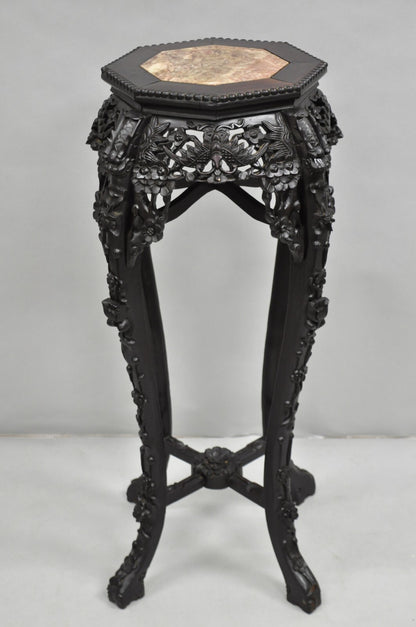 Antique Chinoiserie Chinese Carved Hardwood Marble Top 36" Pedestal Plant Stand