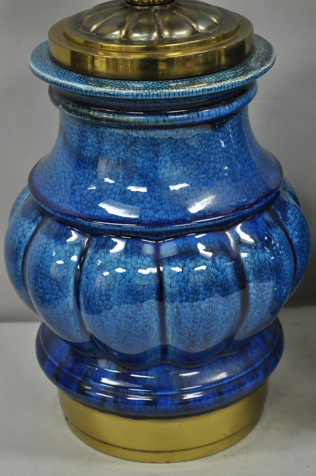 Stiffel Mid Century Modern Blue Crackle Glazed Ceramic Brass Table Lamps