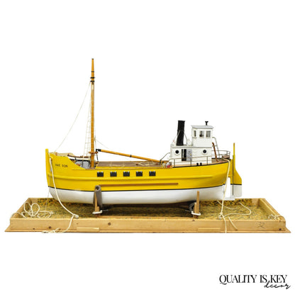 Large 48" Vintage Wooden Fishing Vessel Model Ship Yellow Hull South Korean Flag
