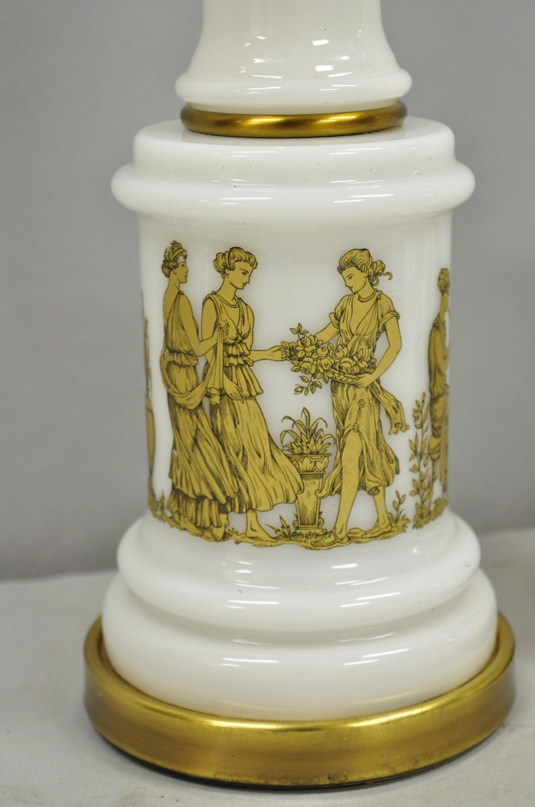 Vintage Italian Neoclassical White Milk Glass Empire Column Table Lamps - a Pair