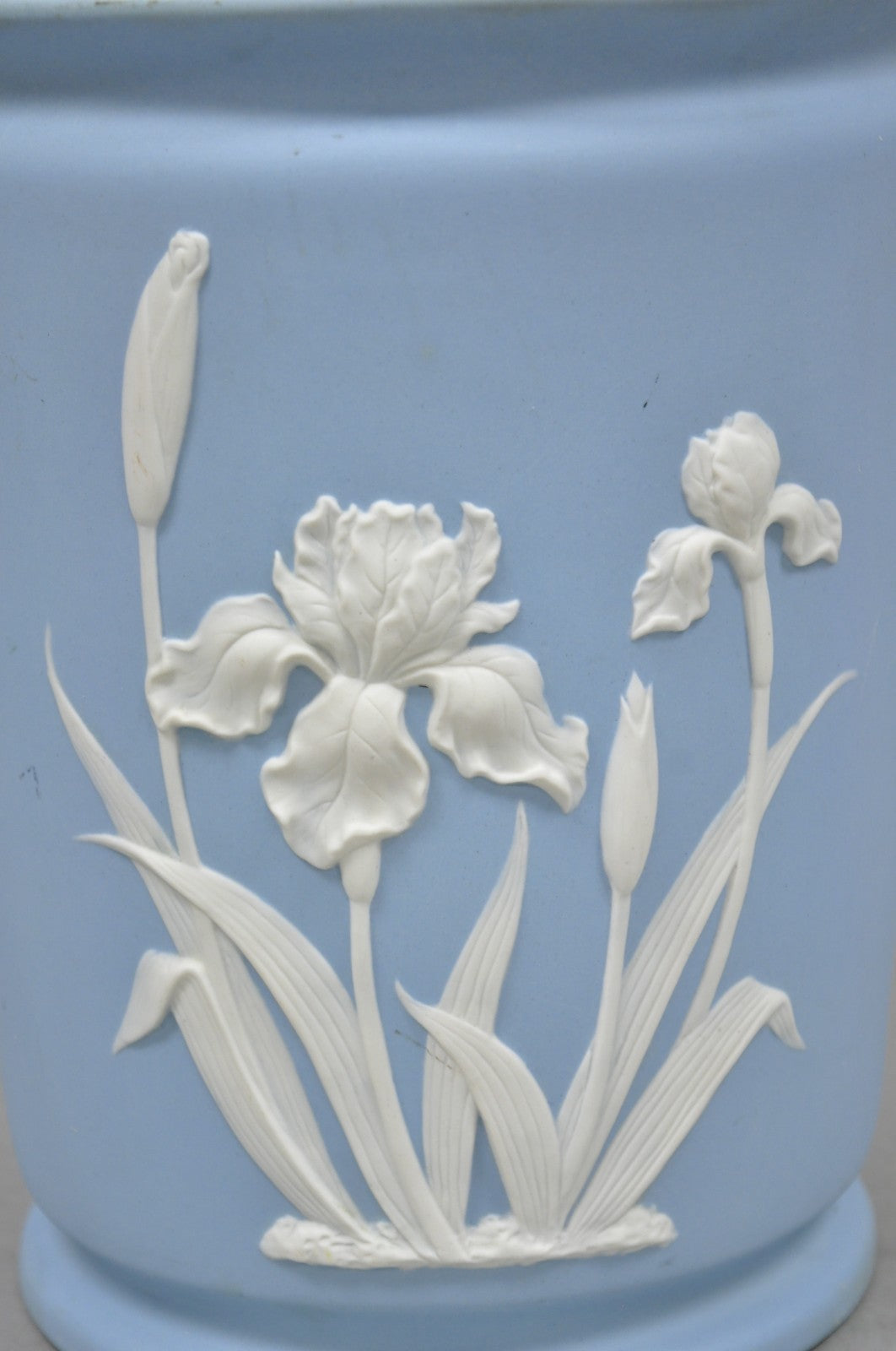 Vintage Flambro Cameo Iris Blue Jasperware Wedgwood Style Floral Cachepot Vase