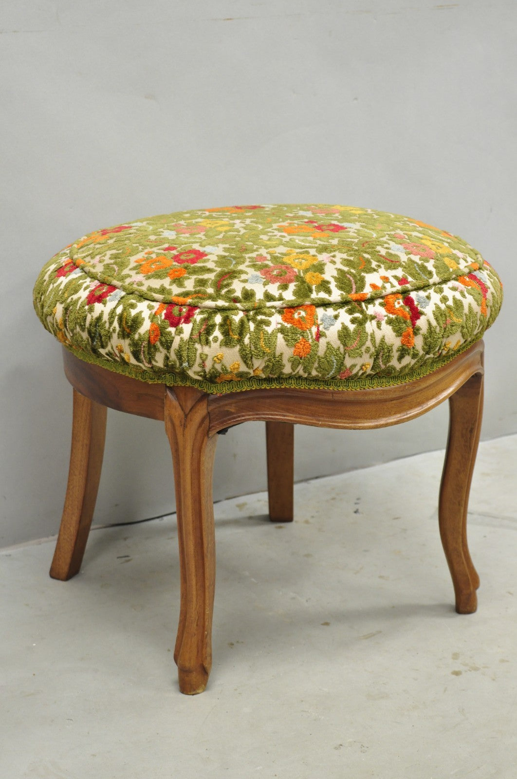 Vintage French Country Provincial Style Walnut Round Seat Vanity Bench Stool