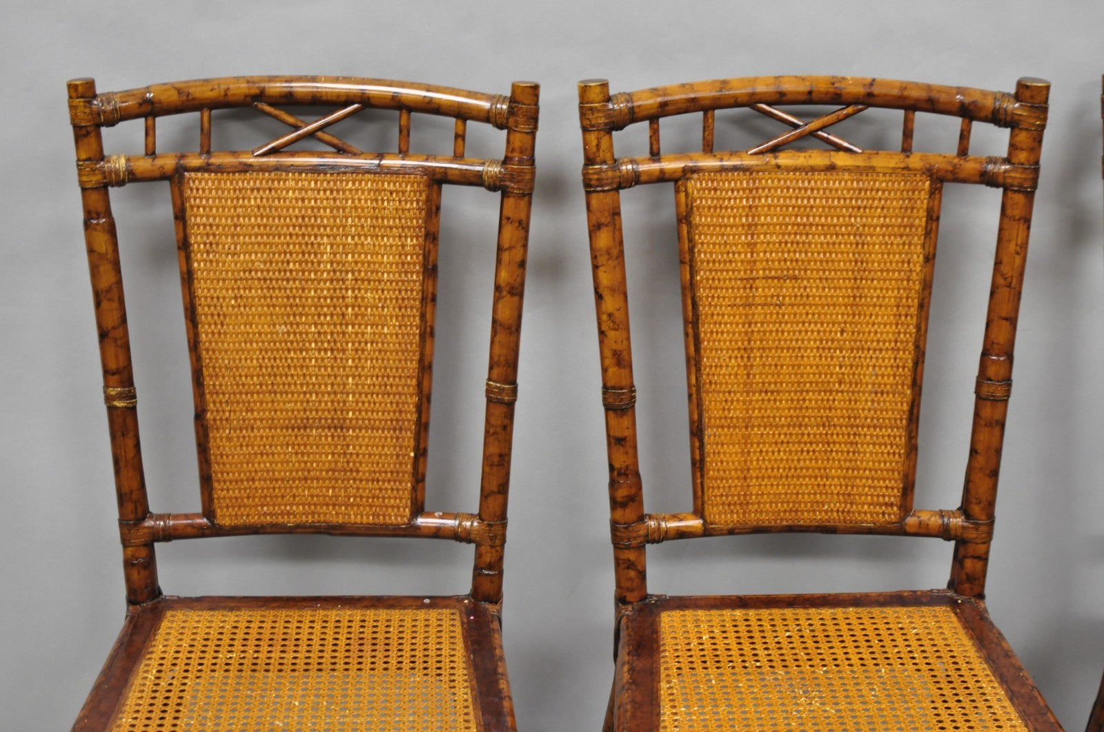 Hollywood Regency British Colonial Burnt Bamboo Cane Dining Chairs - Set of 4