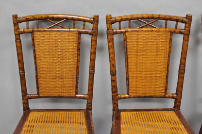 Hollywood Regency British Colonial Burnt Bamboo Cane Dining Chairs - Set of 4