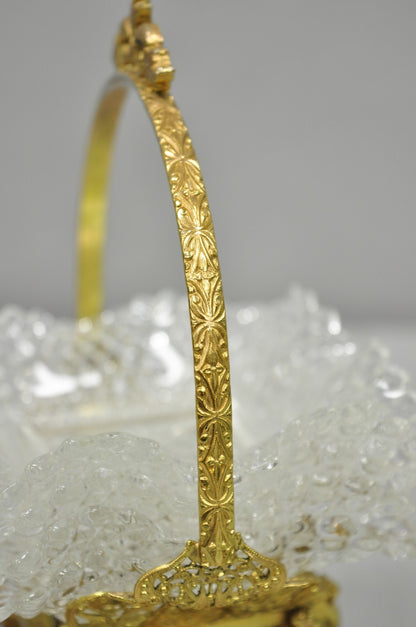 Vintage Brass Filigree Brides Basket Holder w/ Cherubs & 4 Ruffled Glass Dishes
