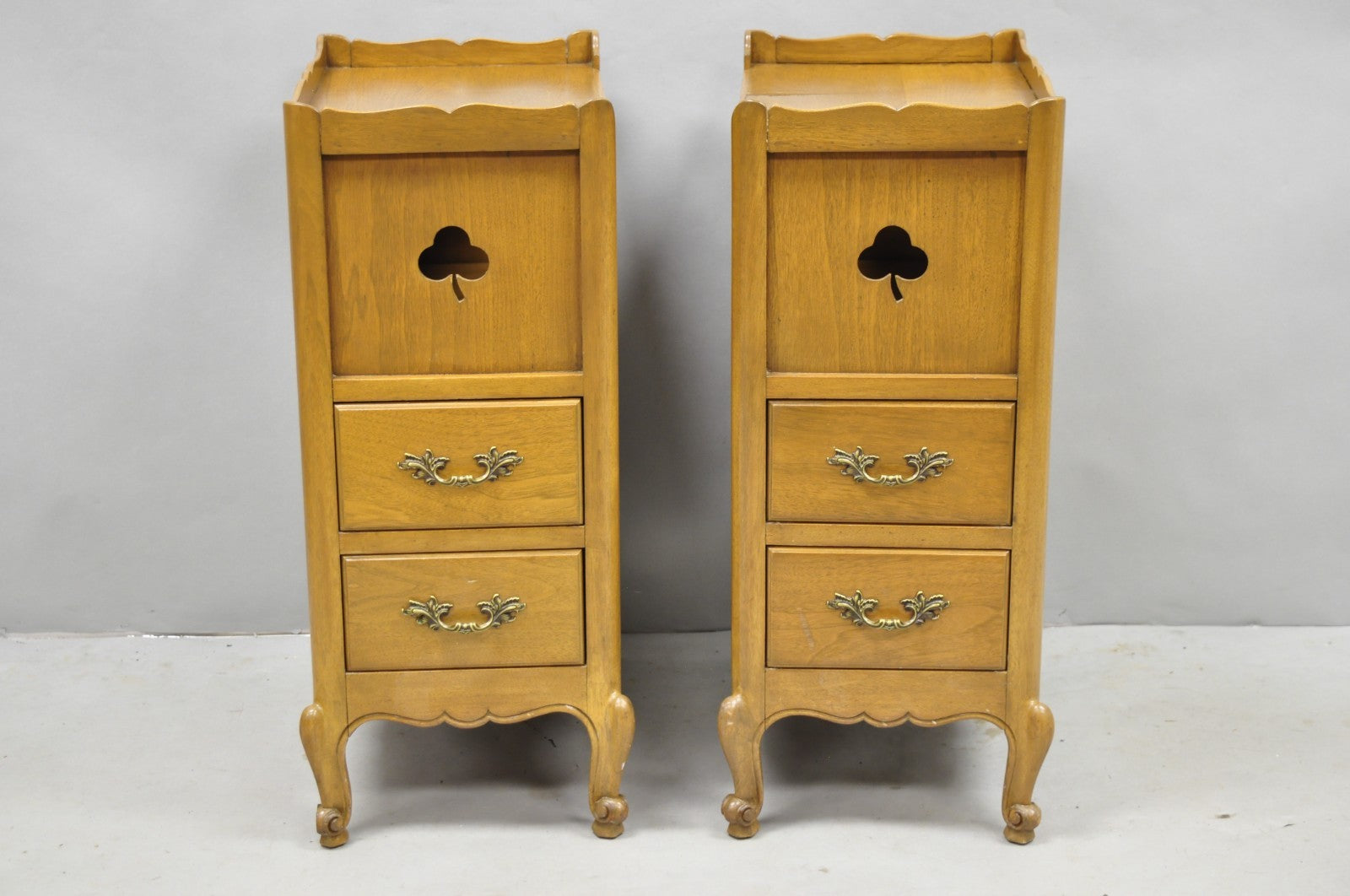 Vintage French Country Provincial Walnut Nightstand Bedside Table w/ Cubby, Pair