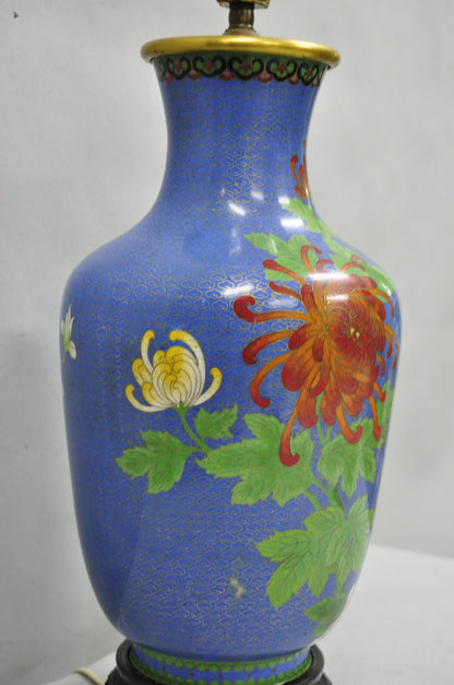 Vintage Chinoiserie Blue Cloisonné Enamel Oriental Brass Satsuma Vase Table Lamp