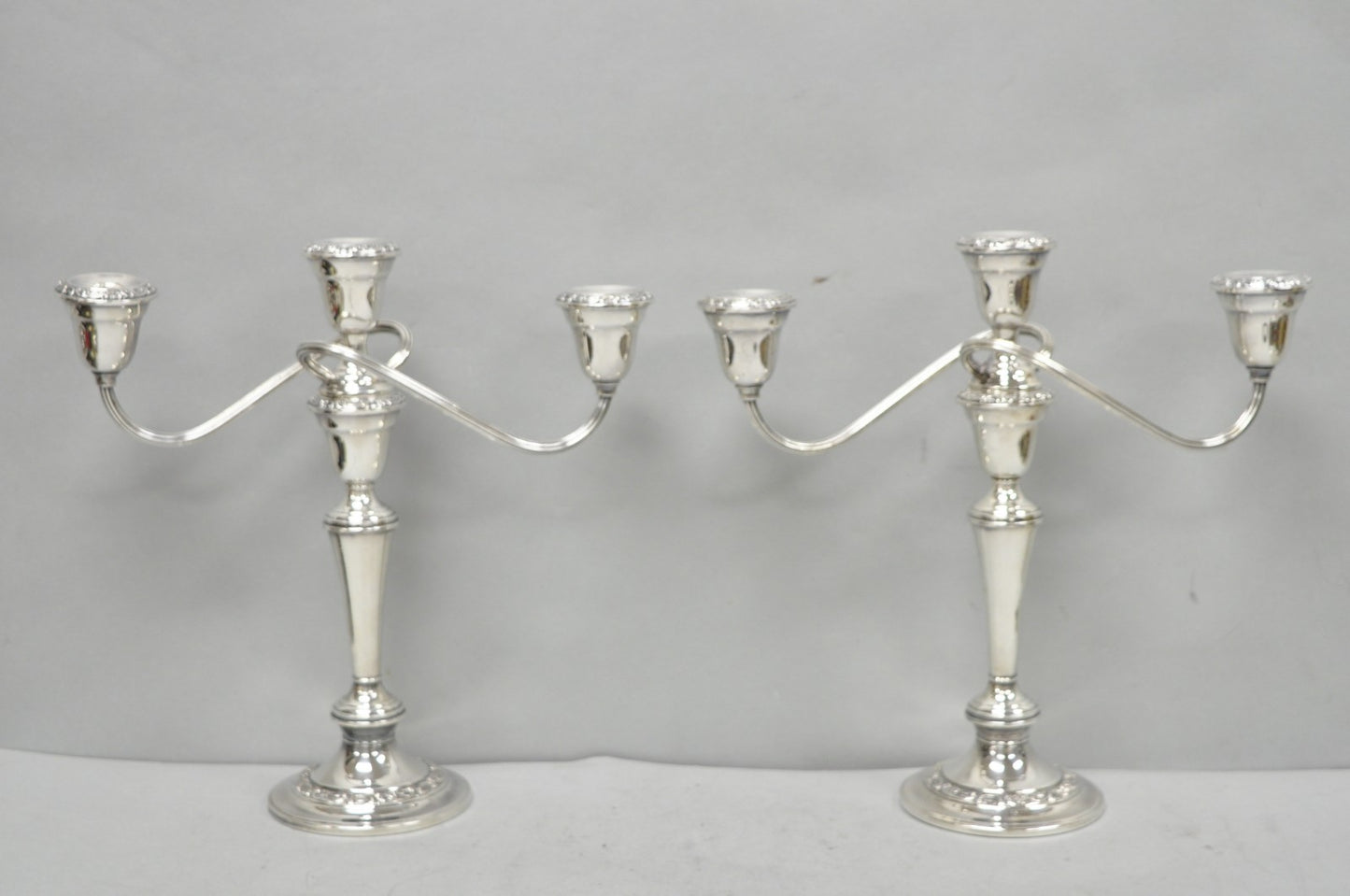 Vintage Gorham YC3021 Silver Plated 3 Arm Convertible Candelabra - a Pair