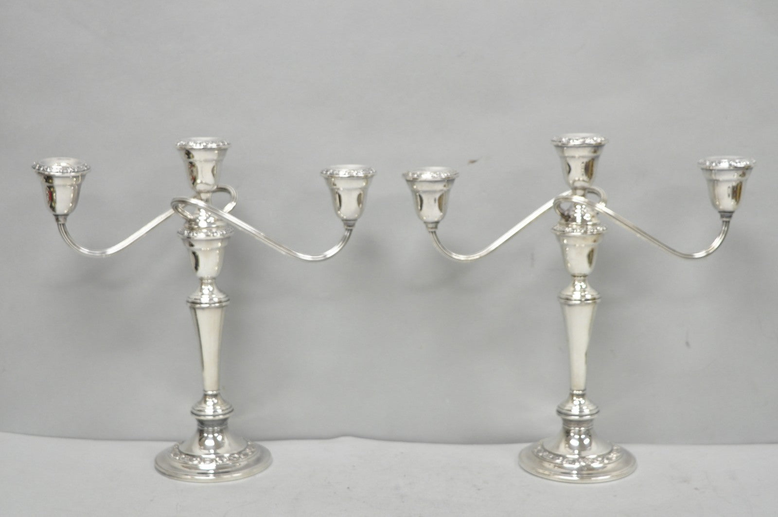 Vintage Gorham YC3021 Silver Plated 3 Arm Convertible Candelabra - a Pair