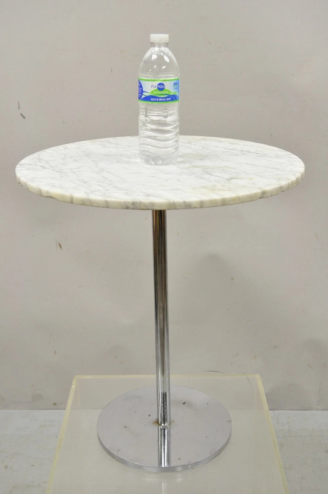 Mid Century Modern Hugh Acton Round Marble Top Chrome Lollipop Drinks Side Table