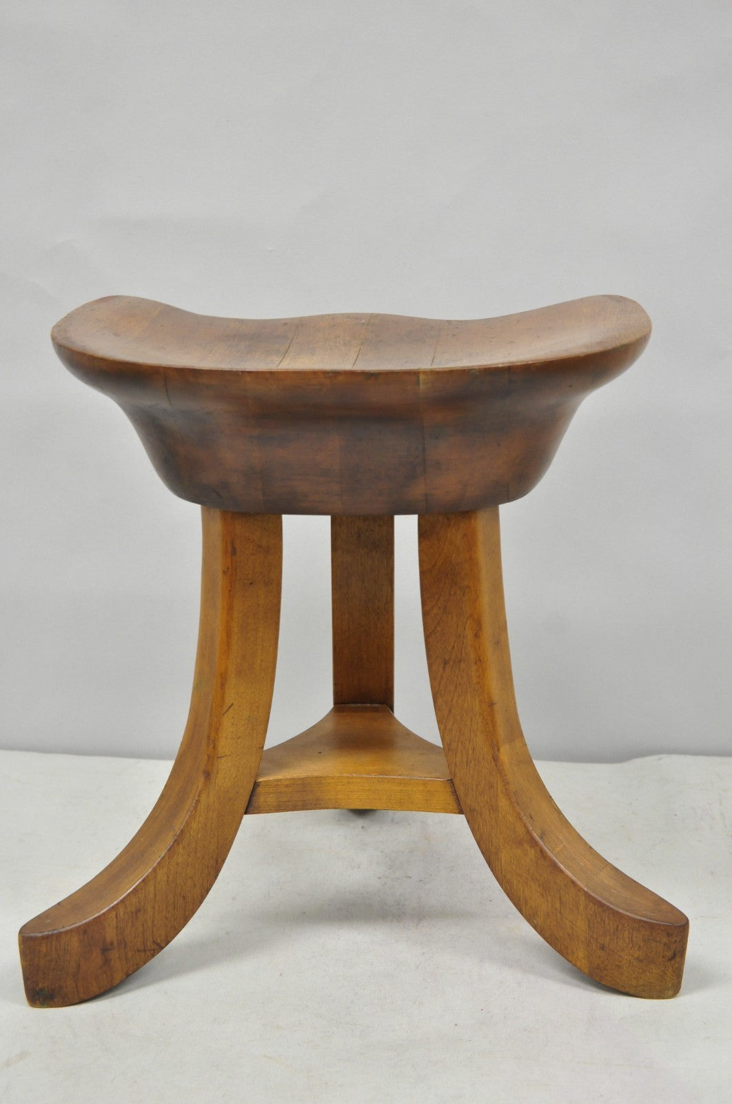 Vintage Mid Century Modern Mahogany Adolf Loos Theban Style Tripod Saddle Stool