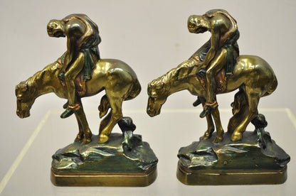 Vintage Bronze Clad 8" End of Trail Indian on Horse Figure Bookends - a Pair