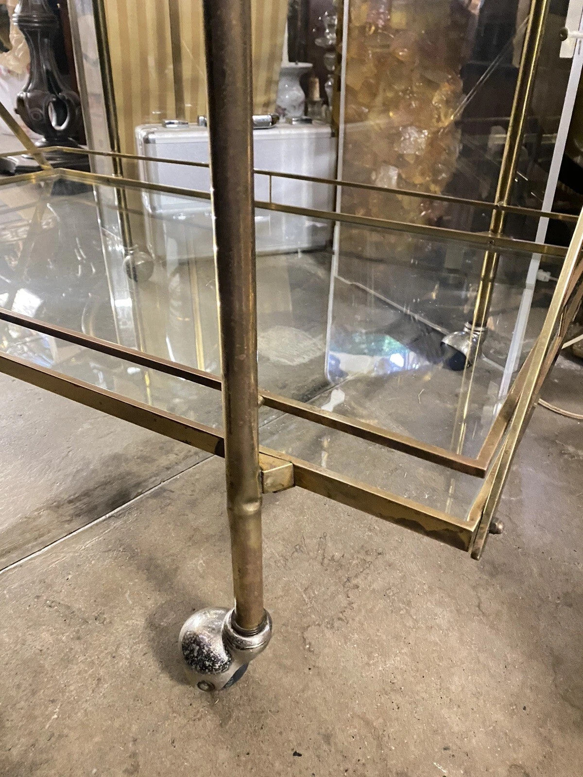 Mid Century Italian Modern 3 Tier Brass & Glass X-Frame Rolling Bar Cart Table