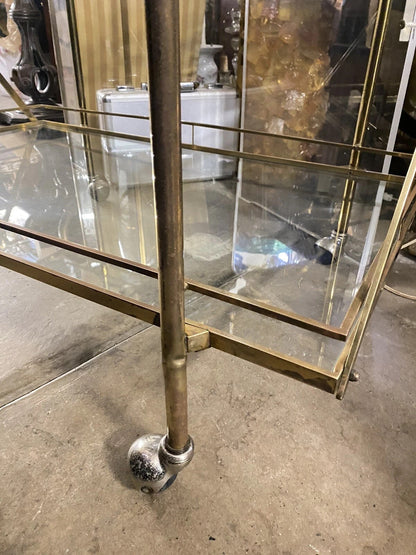 Mid Century Italian Modern 3 Tier Brass & Glass X-Frame Rolling Bar Cart Table
