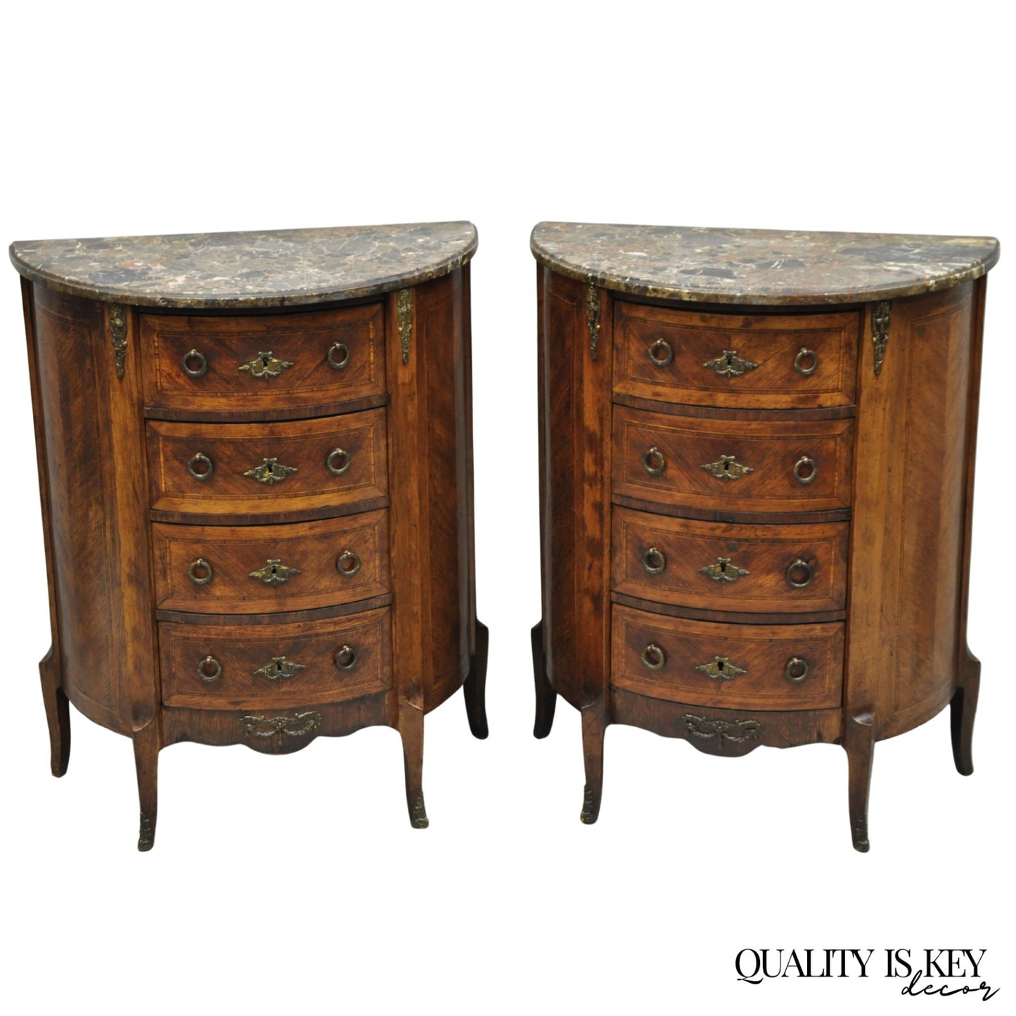Antique French Louis XV Style Demilune Marble Top 4 Drawer Nightstand Table Pair