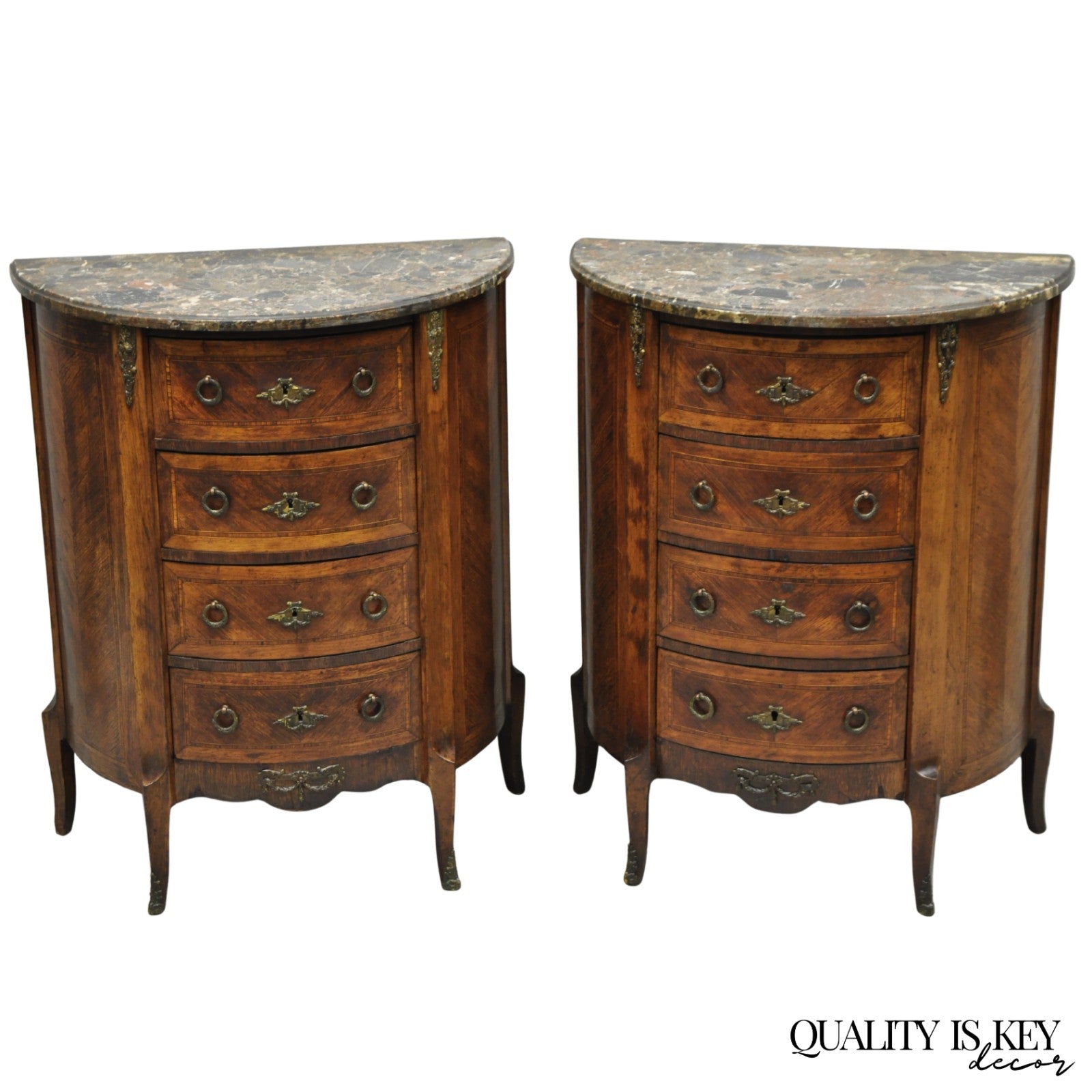 Antique French Louis XV Style Demilune Marble Top 4 Drawer Nightstand Table Pair