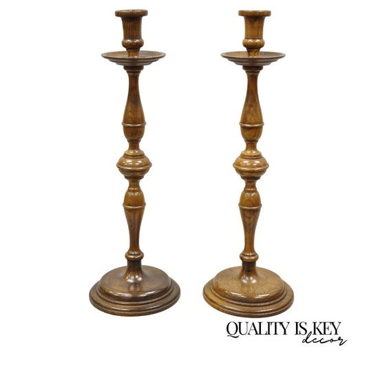 Vintage Italian Renaissance Jacobean Turn Carved Oak Wood 18.5" Candlestick Pair