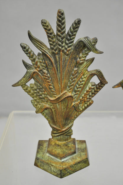 Vintage Art Nouveau Patinated Cast Metal Sheaf of Wheat Doorstop Bookends - Pair