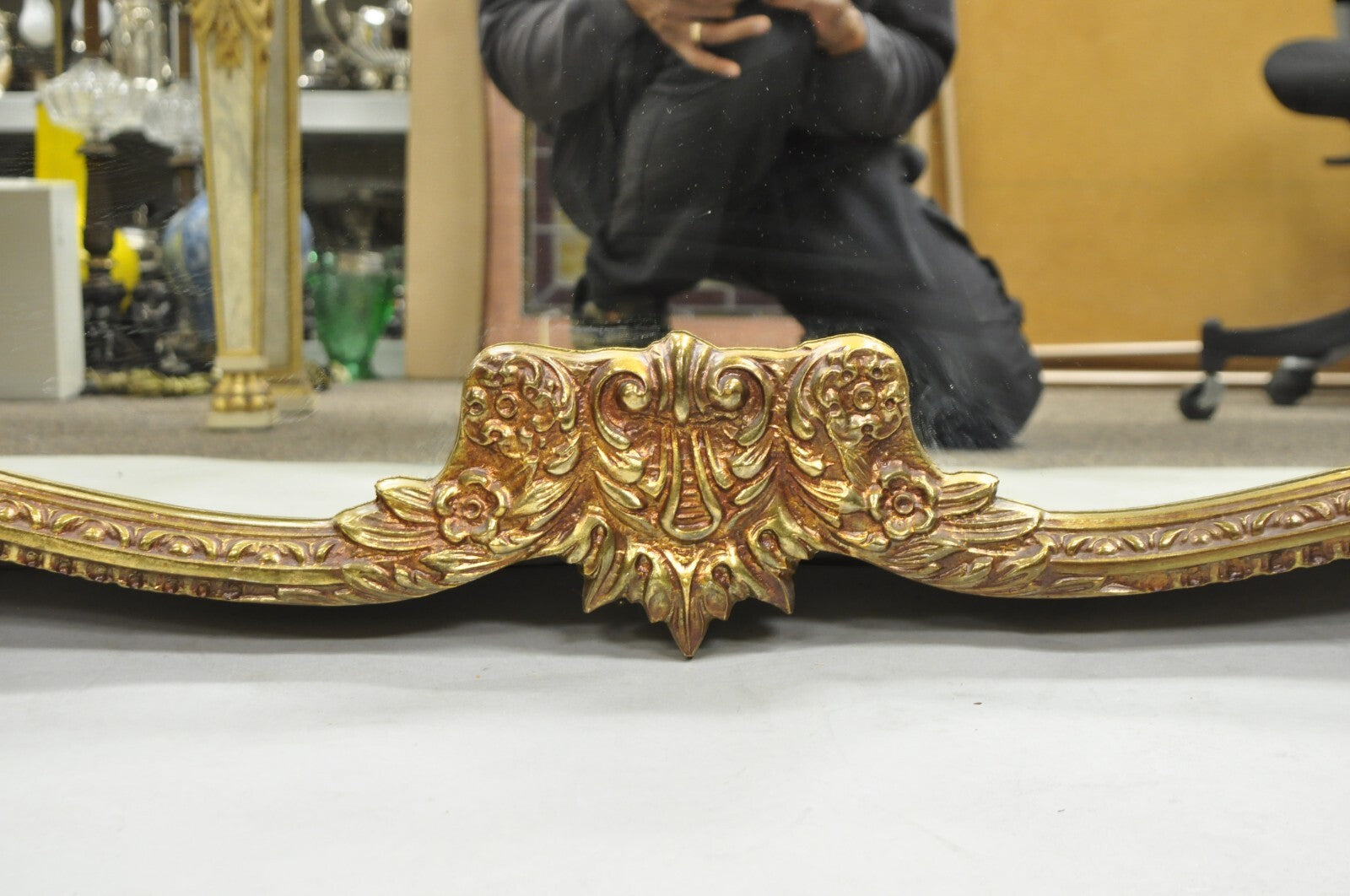 Vintage French Rococo Large Gold Wall Mirror with Bisque Figural Lovers Plaques