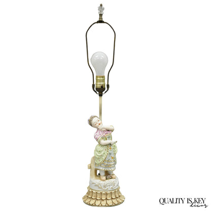 Antique Victorian French Porcelain Figure Dutch Girl in Dress Boudoir Table Lamp