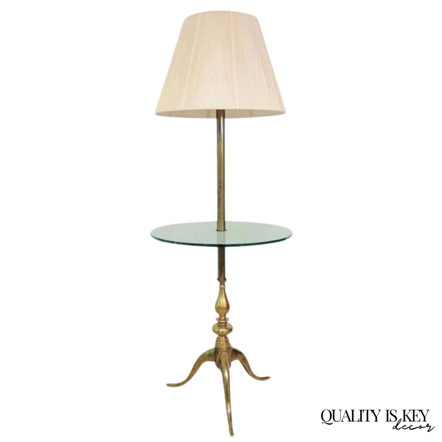Vintage Queen Anne Style Solid Brass & Glass Occasional Floor Lamp Side Table
