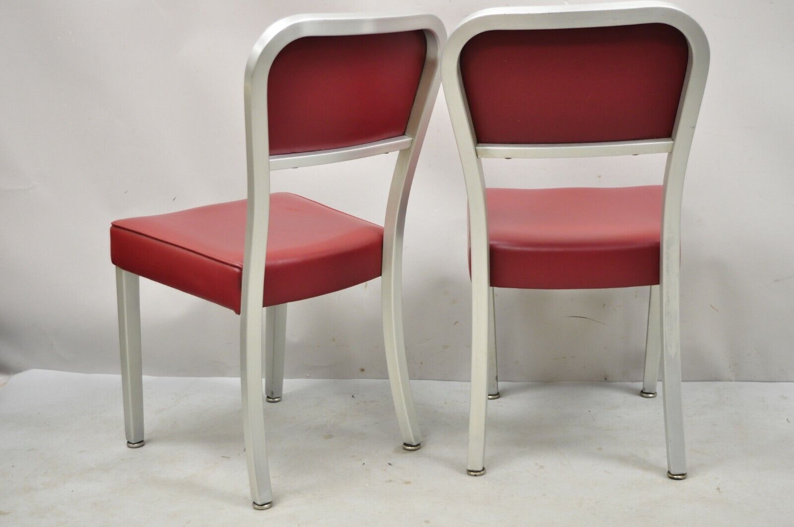 Vintage Brushed Aluminum Red Upholstered Emeco Navy Style Side Chairs -  a Pair