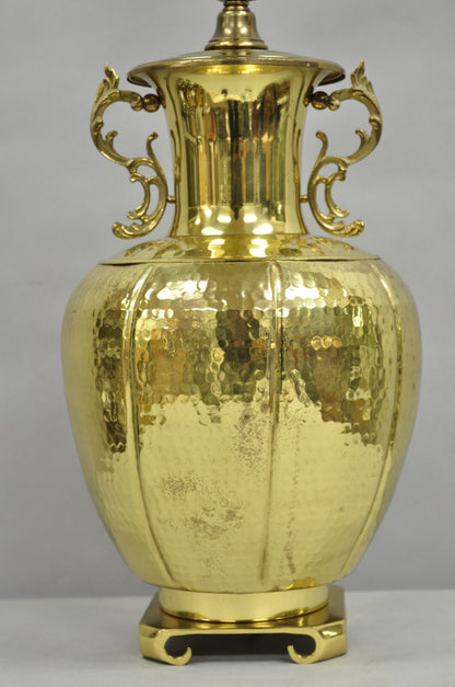 Vintage Chinoiserie Hammered Brass Pagoda Jardiniere Vase Table Lamp