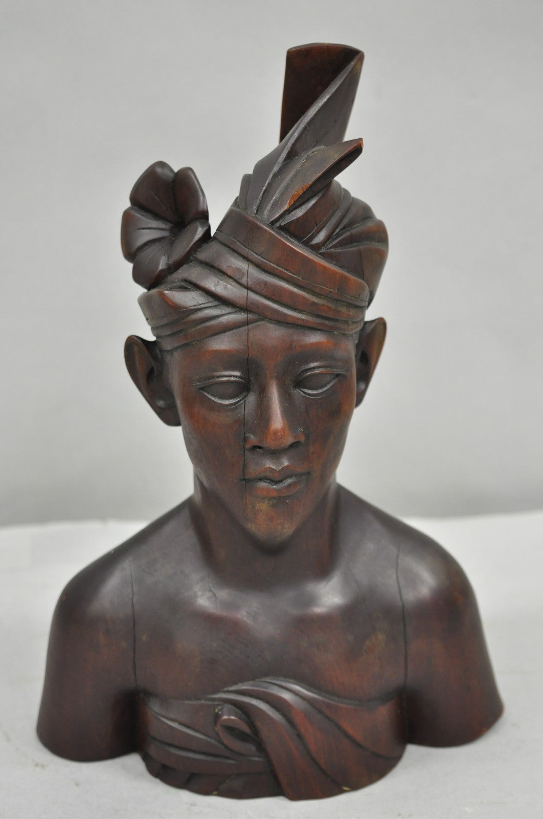 Vintage Carved Wood Balinese Indonesian Bali Woman Man Bust Sculpture
