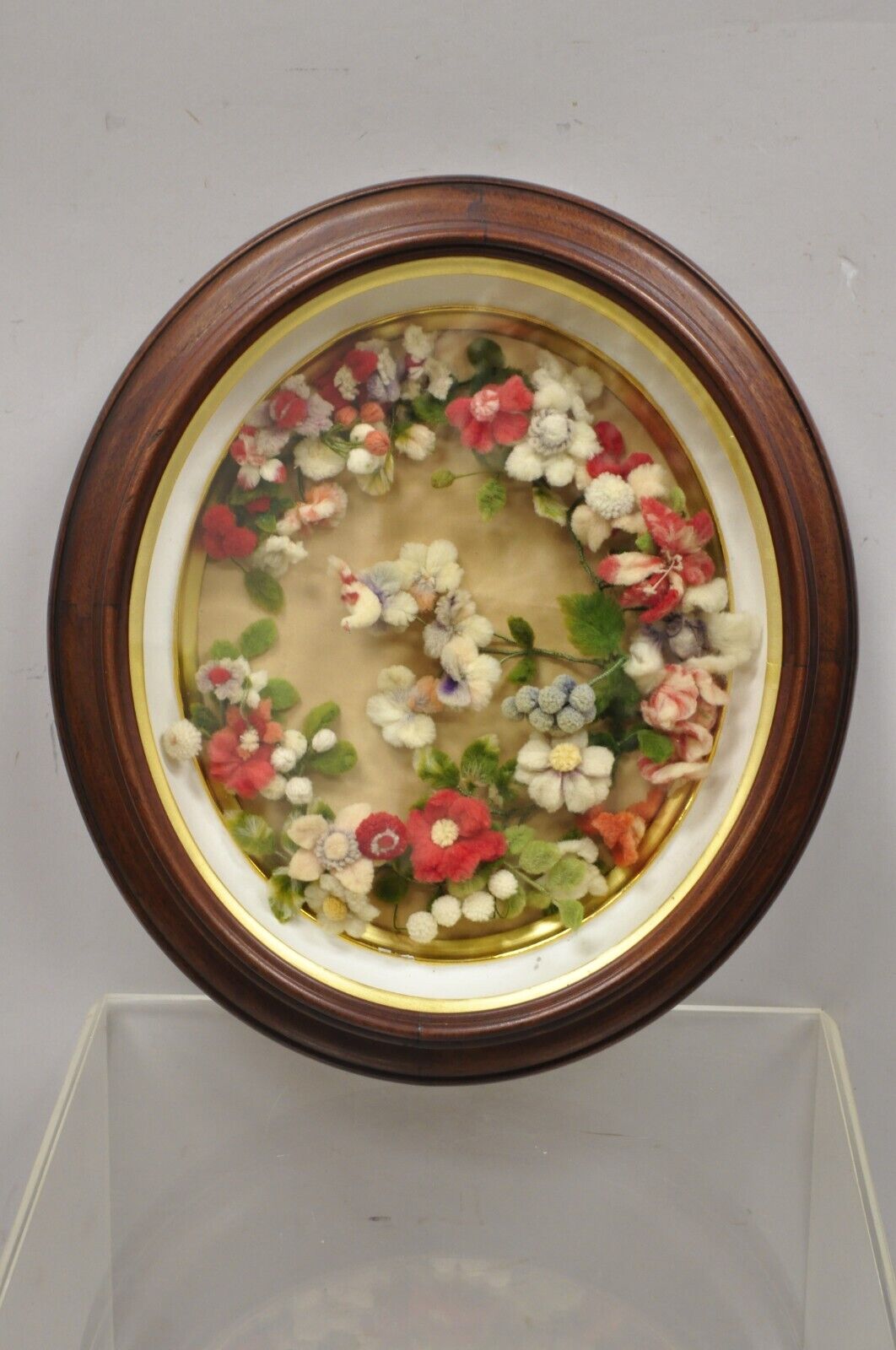 Victorian Oval Mahogany Shadow Box Frame Felt Cotton Flower Mourning Wreath