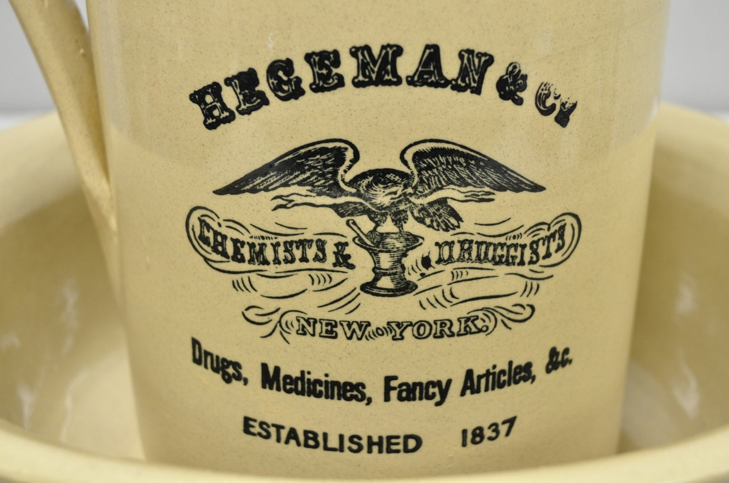 Hegeman & Co. Large Pitcher w Basin 1837 Stoneware Drugs Medicines NY Apothecary
