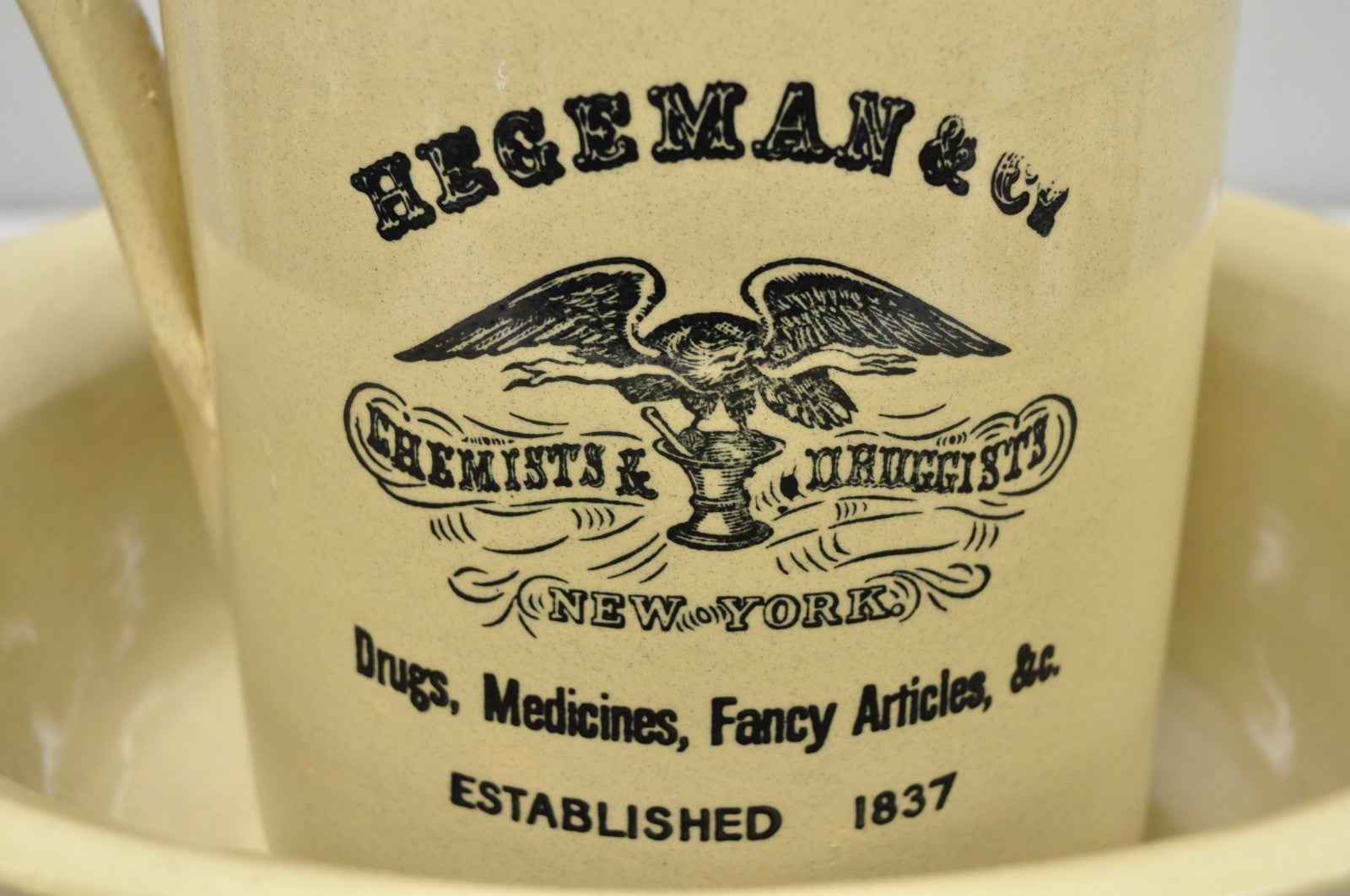 Hegeman & Co. Large Pitcher w Basin 1837 Stoneware Drugs Medicines NY Apothecary