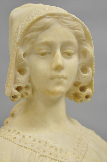 Antique Victorian Carved Alabaster Marble Figural Young Woman Maiden Bust Statue
